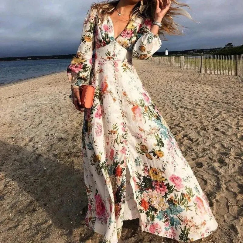 Calla | Women's Floral Print V-Neck Long Sleeve Maxi Dress