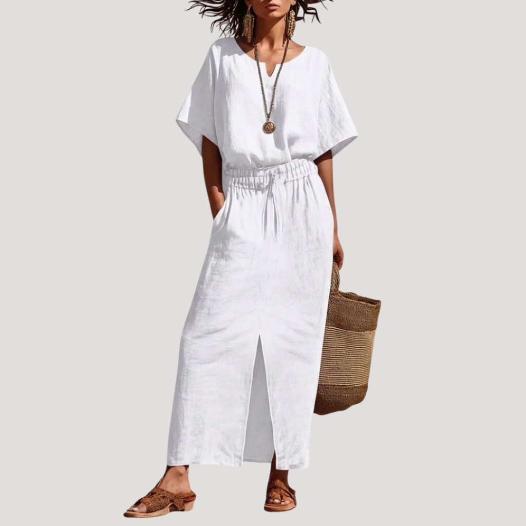 Raina | Women's Short Sleeve V Neck Two Piece Midi Set