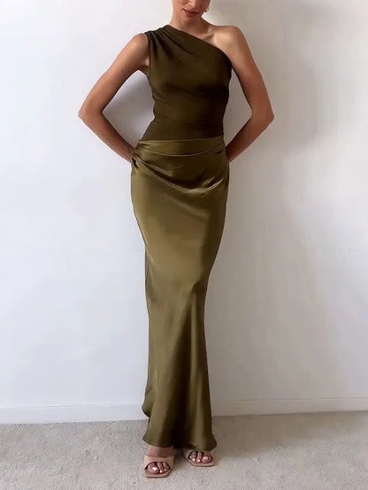 Anita™ | Elegant One Shoulder Neck Pleated Party Maxi Dress