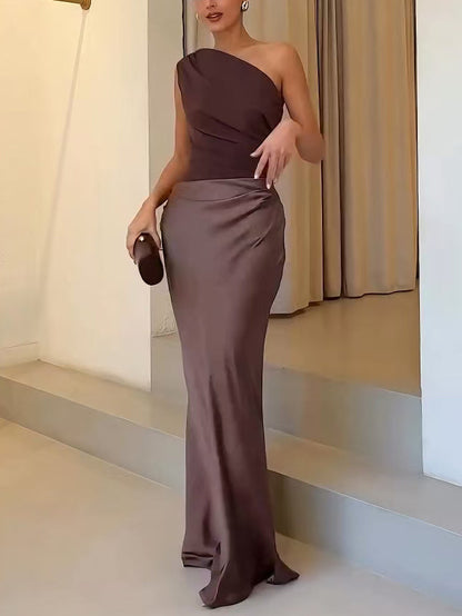 Anita™ | Elegant One Shoulder Neck Pleated Party Maxi Dress
