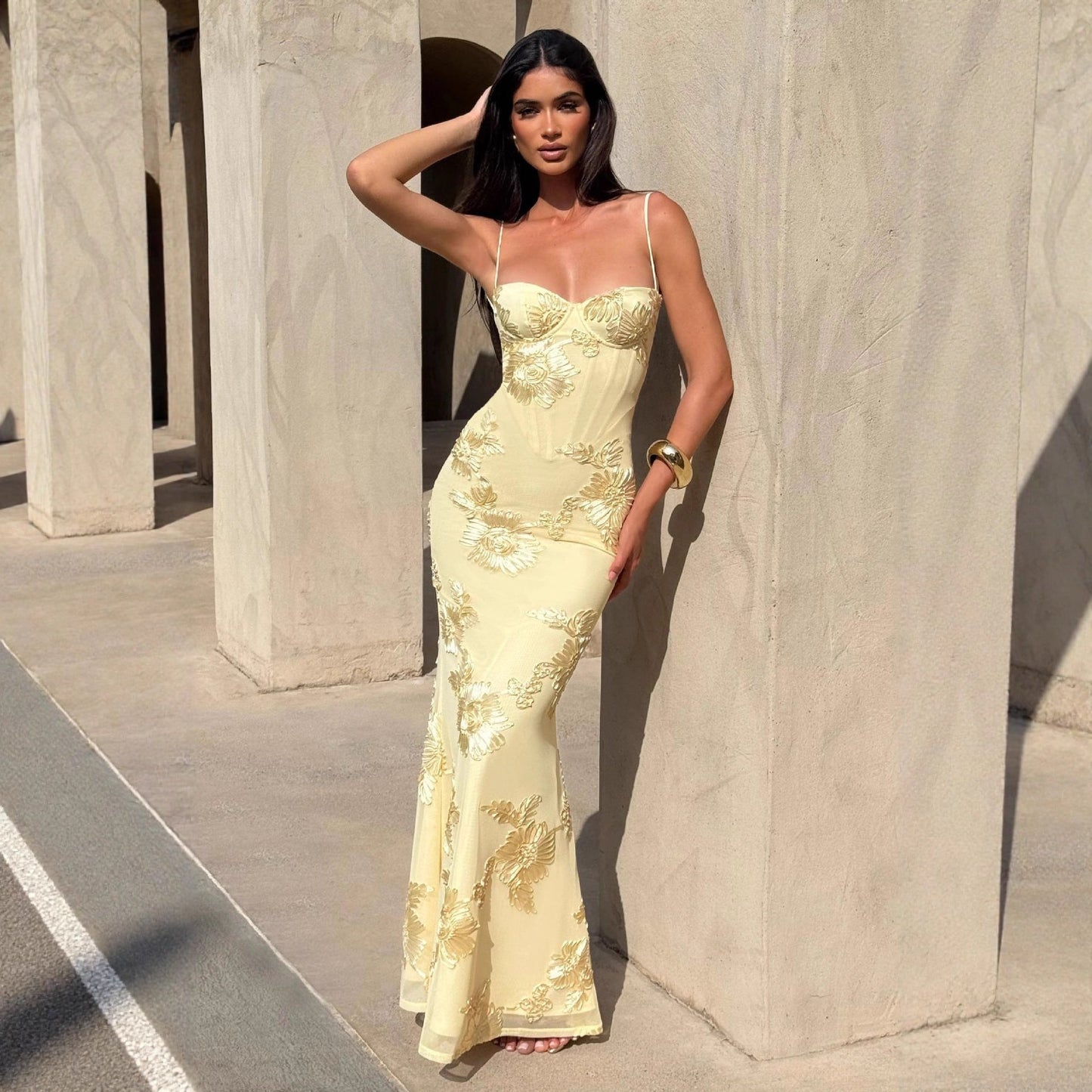 Aelara | Women's Floral Embellished Maxi Wedding Guest Dress