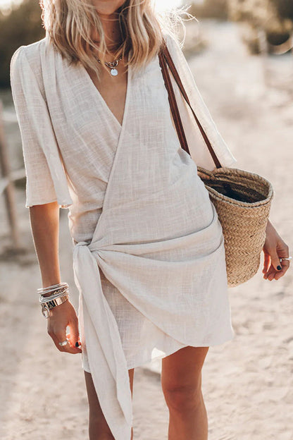 Aelys | Women's V-Neck Wrap Mini Dress Short Sleeve