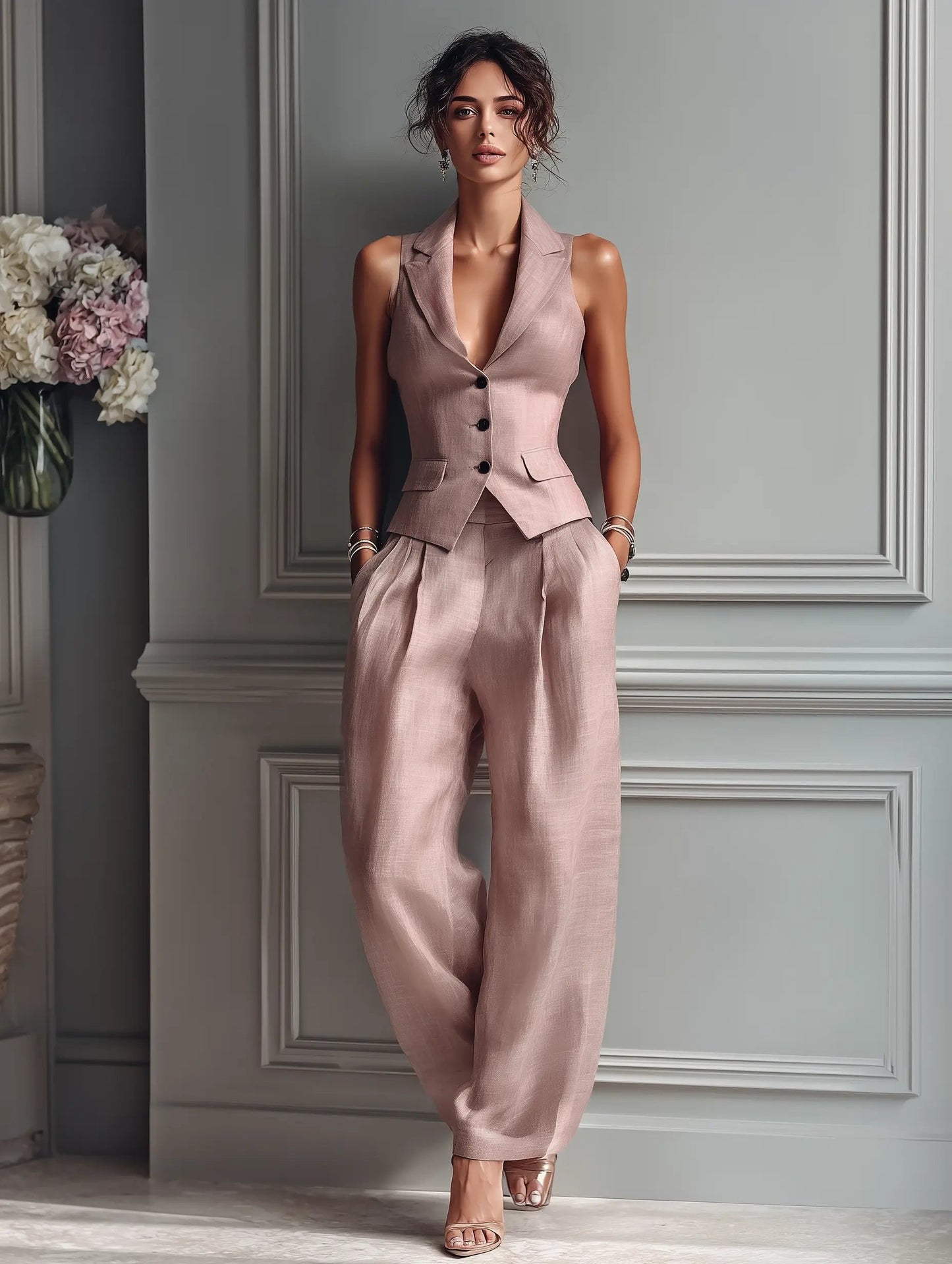 Anneliese | Women's Sleeveless Vest Wide Leg Pants Set