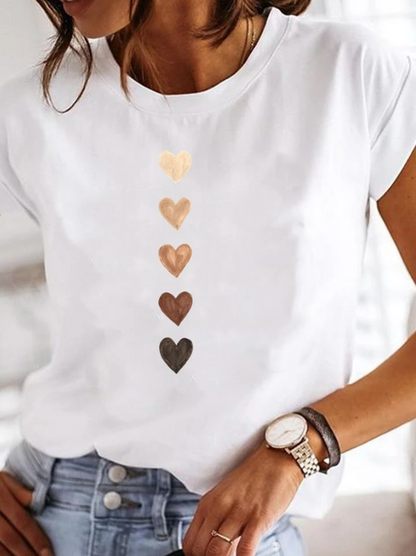 Anora | Women's Heart Print Crew Neck Short Sleeve Tee