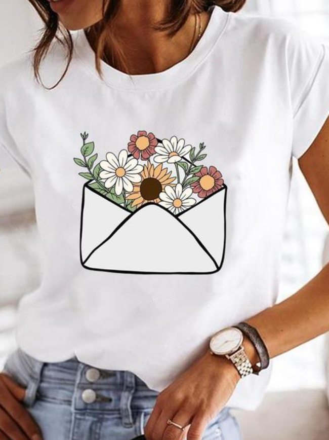 Anora | Women's Heart Print Crew Neck Short Sleeve Tee