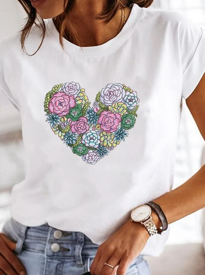 Anora | Women's Heart Print Crew Neck Short Sleeve Tee