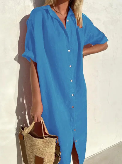 Blythe | Women's Collared Short Sleeve Midi Shirt Dress