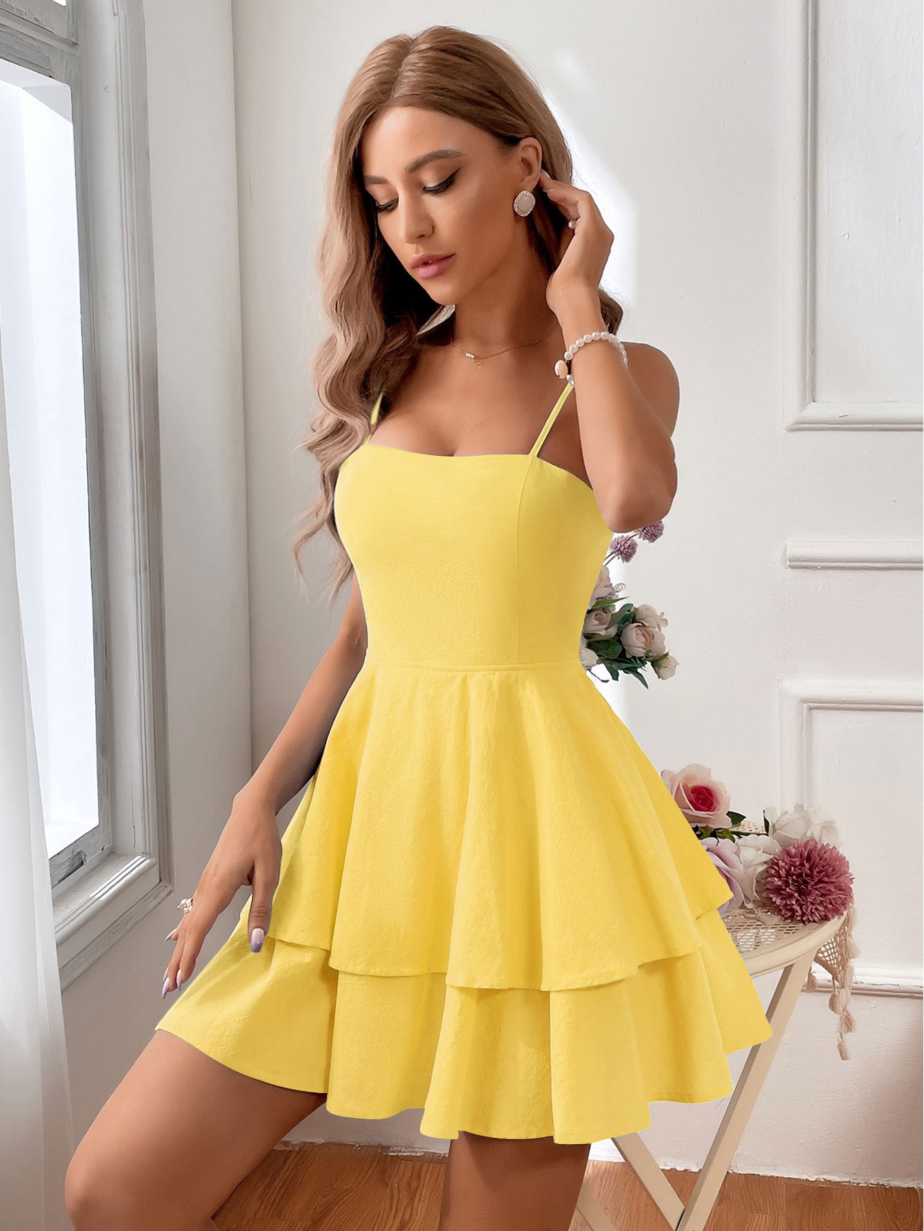 Caia | Women's Square Neck Tiered Ruffle Mini Dress