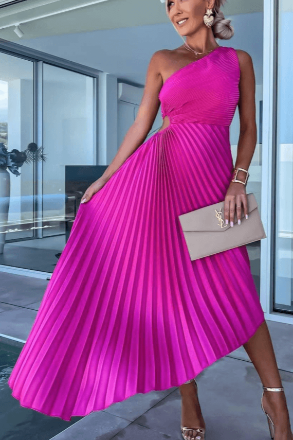 Calinda | Women's One Shoulder Pleated Midi Dress