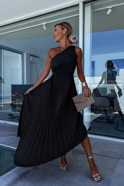 Calinda | Women's One Shoulder Pleated Midi Dress