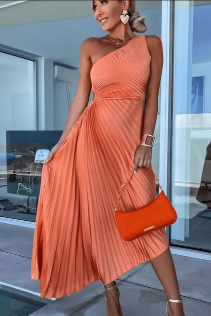 Calinda | Women's One Shoulder Pleated Midi Dress