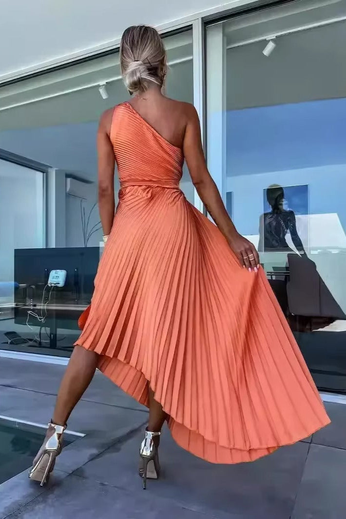 Calinda | Women's One Shoulder Pleated Midi Dress