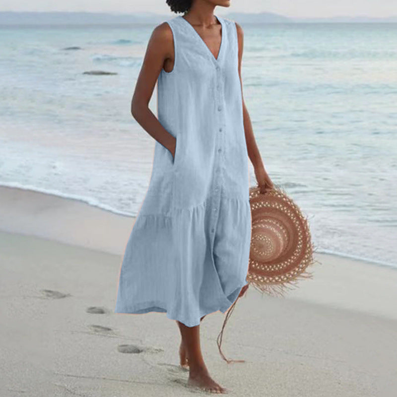Calinda | Women's Sleeveless Button Front Midi Dress