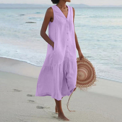 Calinda | Women's Sleeveless Button Front Midi Dress