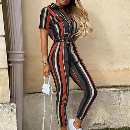 Calloway | Women's Striped Collared Short Sleeve Jumpsuit