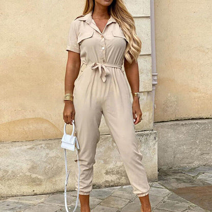 Calloway | Women's Striped Collared Short Sleeve Jumpsuit
