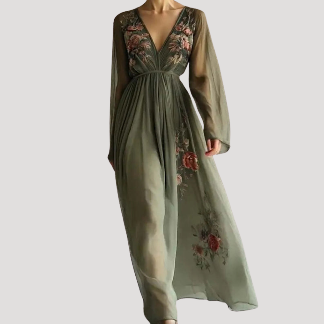 Clarissa | Women's Embroidered V-Neck Long Sleeve Maxi Dress