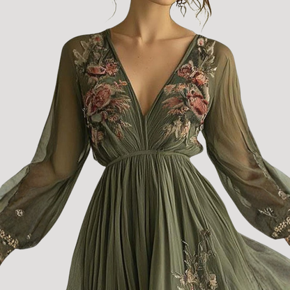 Clarissa | Women's Embroidered V-Neck Long Sleeve Maxi Dress