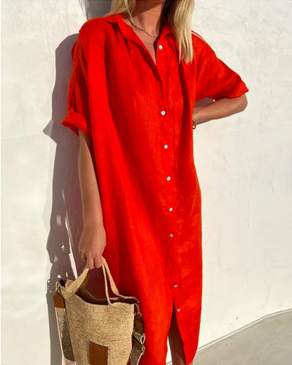 Greer | Women's Short Sleeve Button Front Midi Shirt Dress
