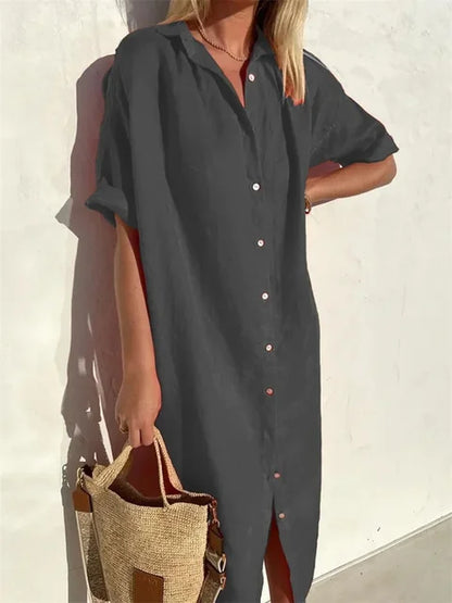 Greer | Women's Short Sleeve Button Front Midi Shirt Dress