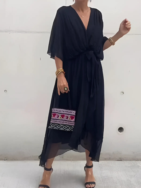 Lavinia | Women's V-Neck Flutter Sleeve Tie Waist Midi Dress