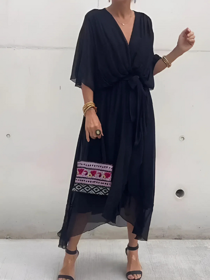 Lavinia | Women's V-Neck Flutter Sleeve Tie Waist Midi Dress