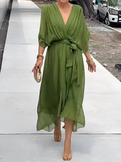 Lavinia | Women's V-Neck Flutter Sleeve Tie Waist Midi Dress