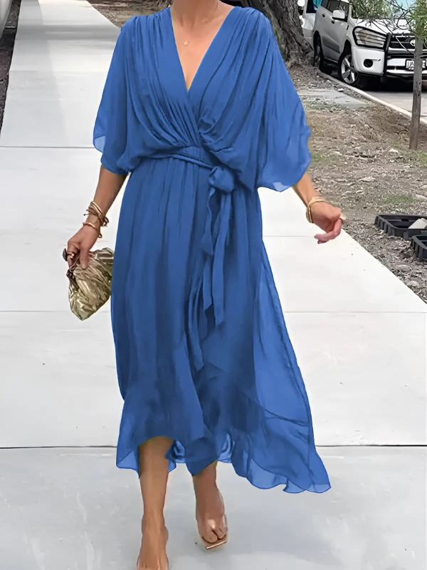 Lavinia | Women's V-Neck Flutter Sleeve Tie Waist Midi Dress