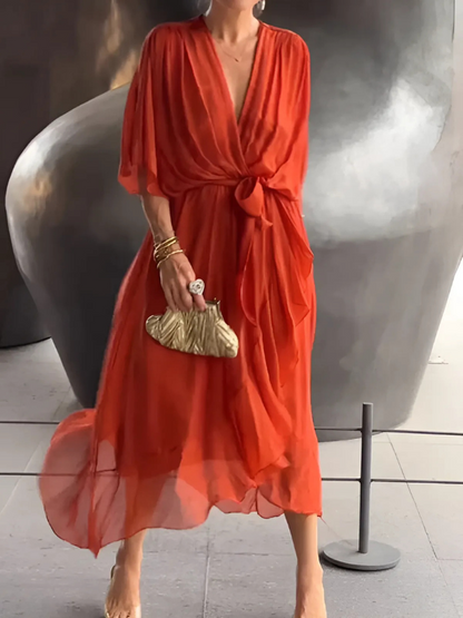 Lavinia | Women's V-Neck Flutter Sleeve Tie Waist Midi Dress