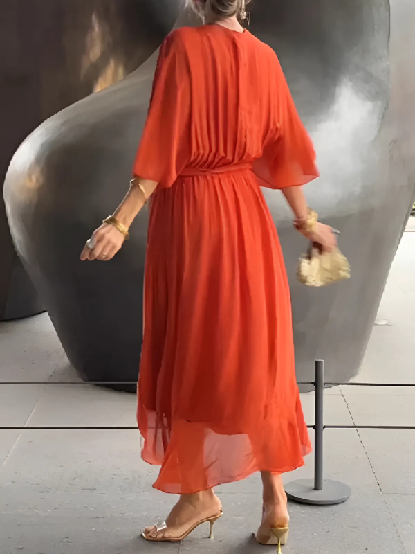 Lavinia | Women's V-Neck Flutter Sleeve Tie Waist Midi Dress