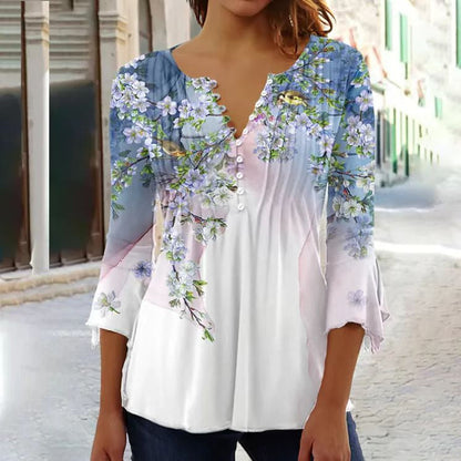 Linnea | Women's Floral Long Sleeve Henley Blouse