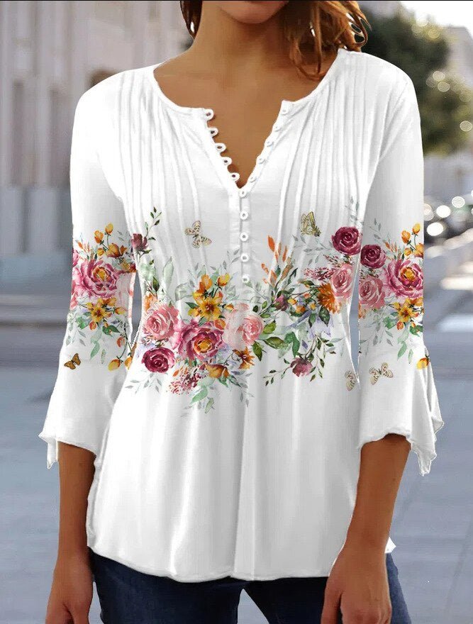 Linnea | Women's Floral Long Sleeve Henley Blouse
