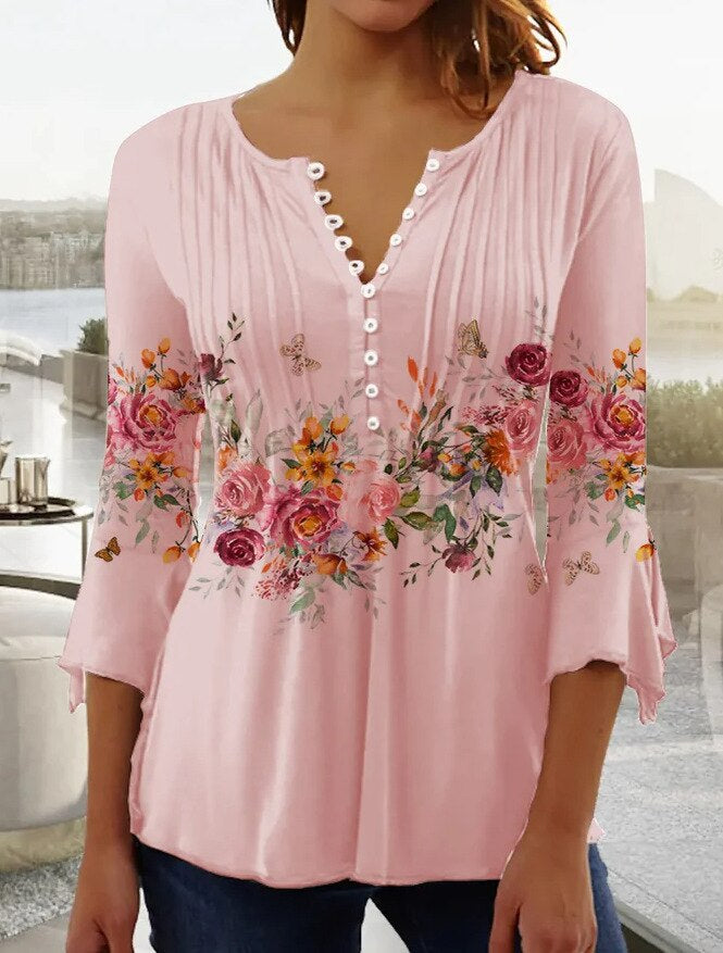 Linnea | Women's Floral Long Sleeve Henley Blouse