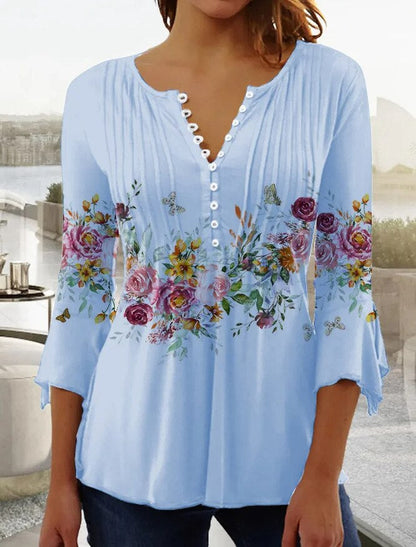 Linnea | Women's Floral Long Sleeve Henley Blouse