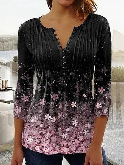 Linnea | Women's Floral Long Sleeve Henley Blouse
