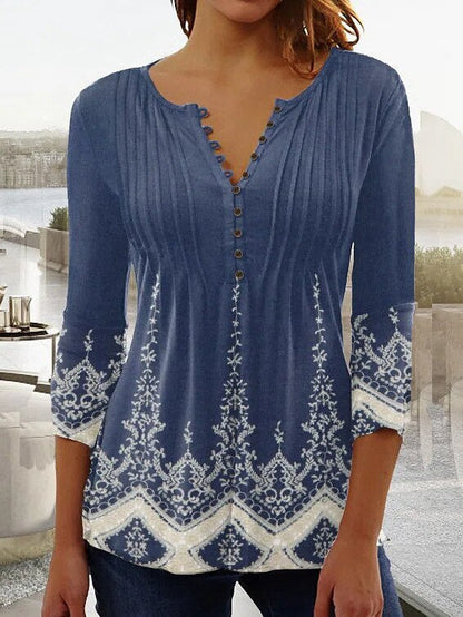 Linnea | Women's Floral Long Sleeve Henley Blouse
