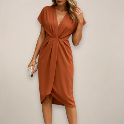 Nadira | Women's V-Neck Twist Front Short Sleeve Midi Dress
