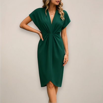 Nadira | Women's V-Neck Twist Front Short Sleeve Midi Dress