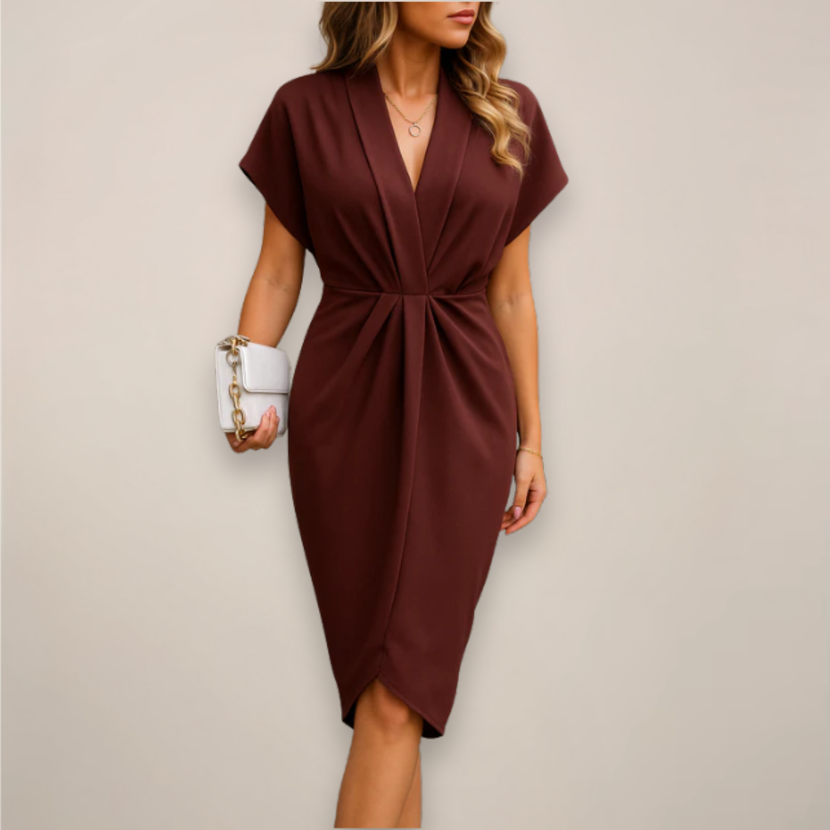 Nadira | Women's V-Neck Twist Front Short Sleeve Midi Dress