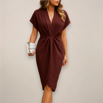 Nadira | Women's V-Neck Twist Front Short Sleeve Midi Dress