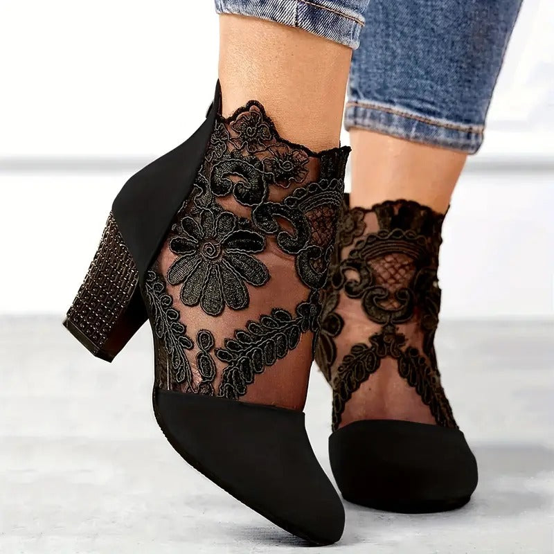 Pemba | Women's Floral Lace Block Heel Ankle Boot