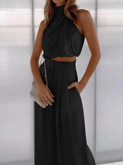 Priya | Women's Halter Crop Top Wide Leg Pants Set
