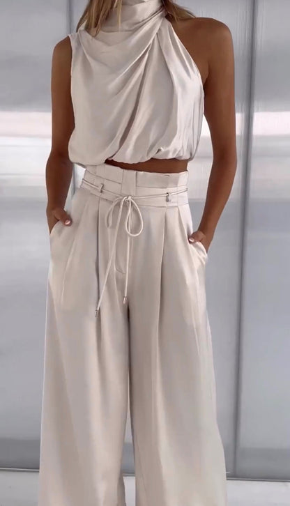 Priya | Women's Halter Crop Top Wide Leg Pants Set