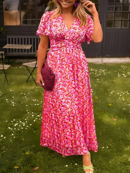Tova | Women's V-Neck Floral Short Sleeve Maxi Dress