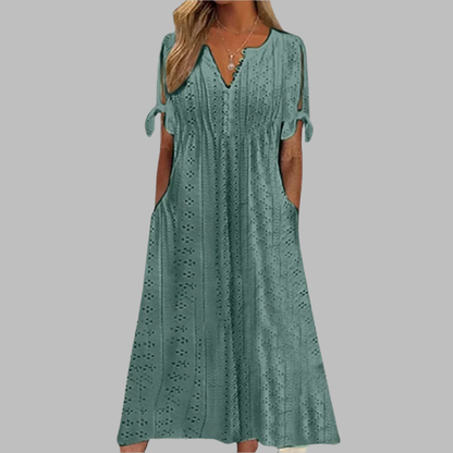 Willa | Women's Eyelet V-Neck Short Sleeve Midi Dress