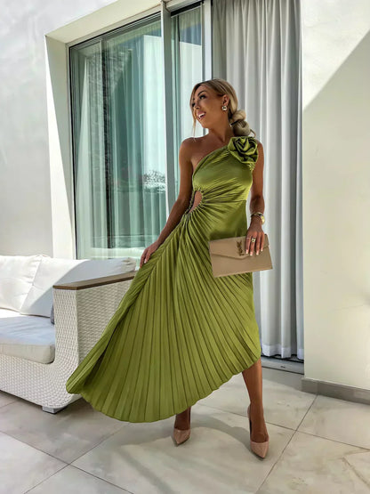 Zaria | Women's One Shoulder Pleated Midi Wedding Guest Dress