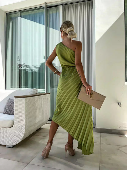 Zaria | Women's One Shoulder Pleated Midi Wedding Guest Dress