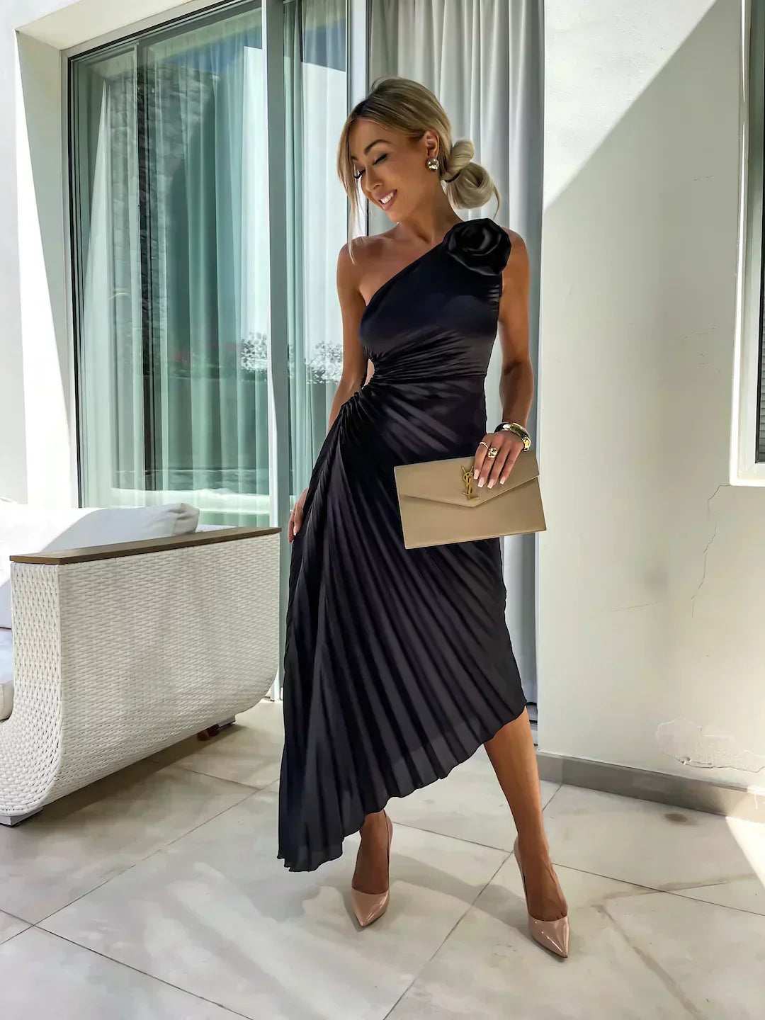 Zaria | Women's One Shoulder Pleated Midi Wedding Guest Dress