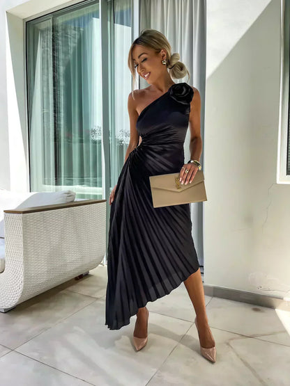 Zaria | Women's One Shoulder Pleated Midi Wedding Guest Dress
