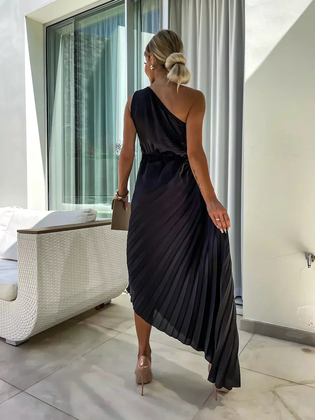 Zaria | Women's One Shoulder Pleated Midi Wedding Guest Dress
